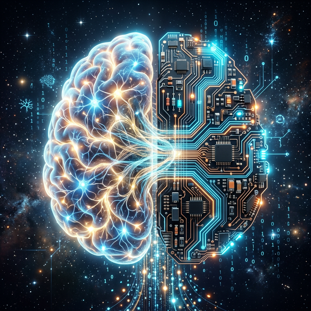 Glowing human brain connected to a digital circuit board with data streams