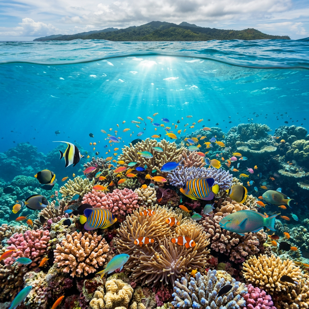 Colorful coral reef with various tropical fish underwater near a tropical island