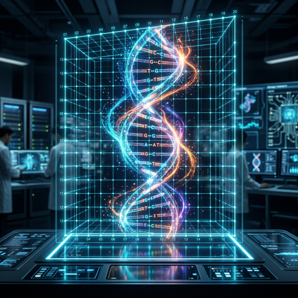 3D holographic DNA double helix model with sequence data in a high-tech lab