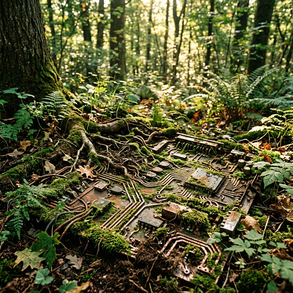 Circuit board covered with moss and tree roots on forest floor