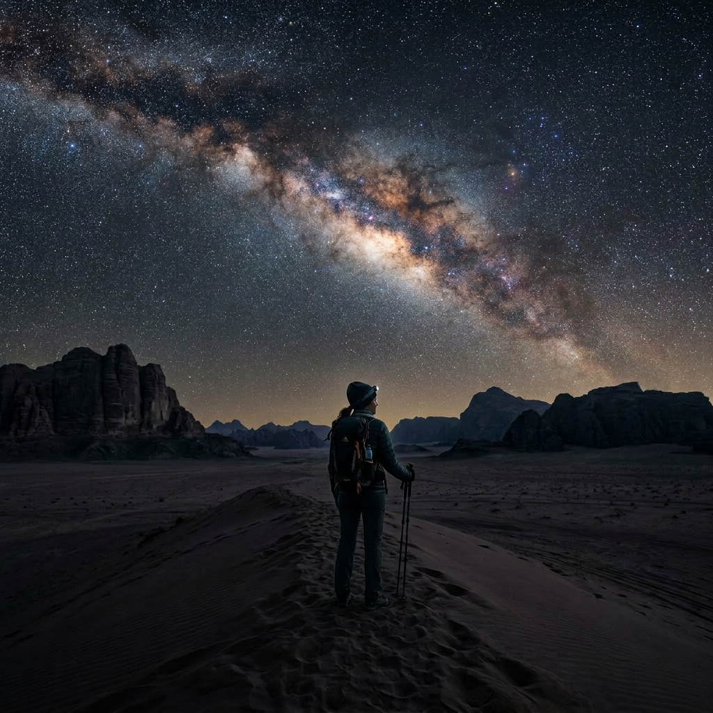 Person standing on desert sand dune at night looking at Milky Way galaxy