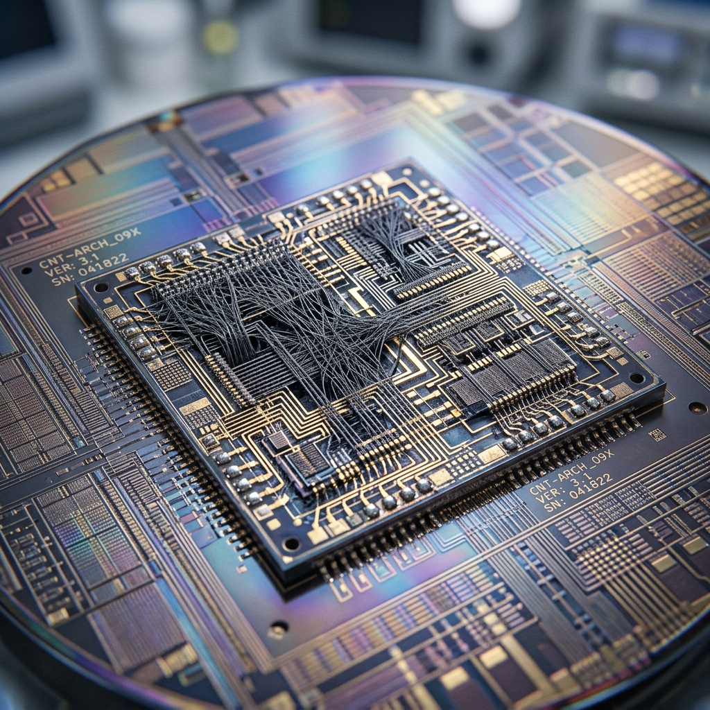 Quantum computer chip with intricate wiring and circuits on a reflective surface