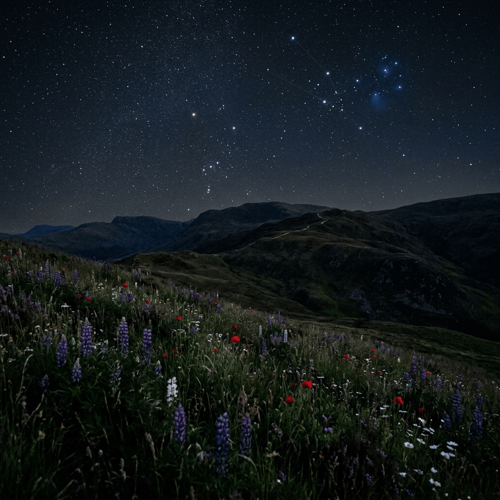 Star-filled night sky over mountains with wildflowers in foreground