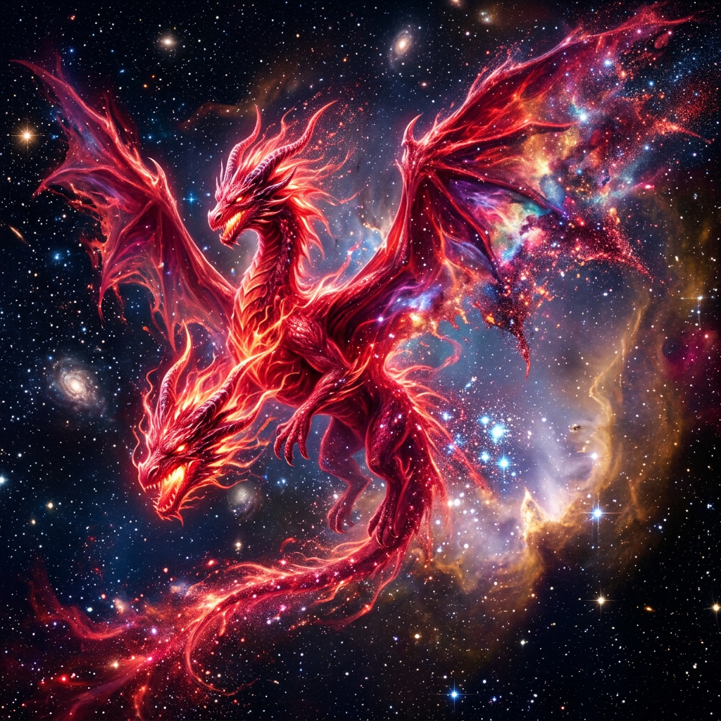 Two-headed fiery dragon with glowing wings flying in space surrounded by stars and nebulae