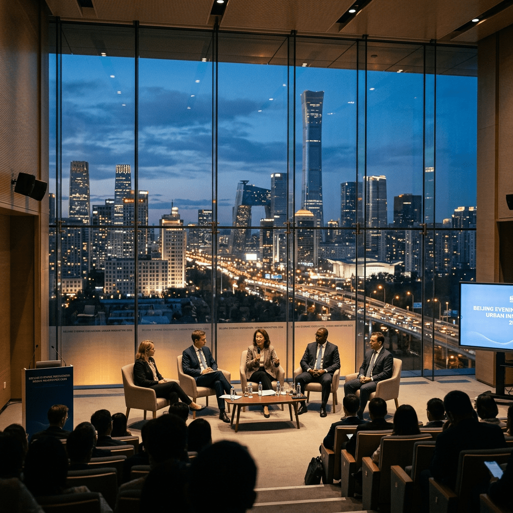 Panel of five experts seated in front of a large window overlooking city skyline at dusk