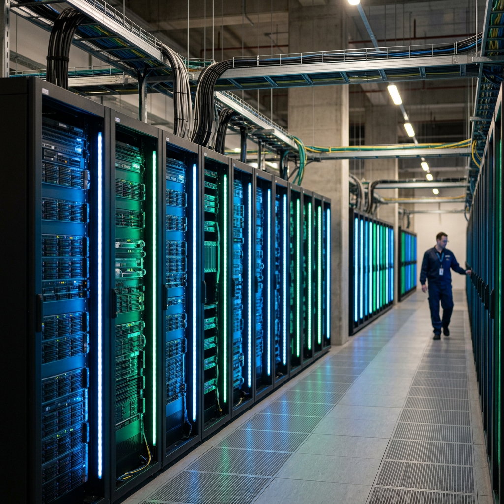 Technician checking illuminated server racks in a data center aisle
