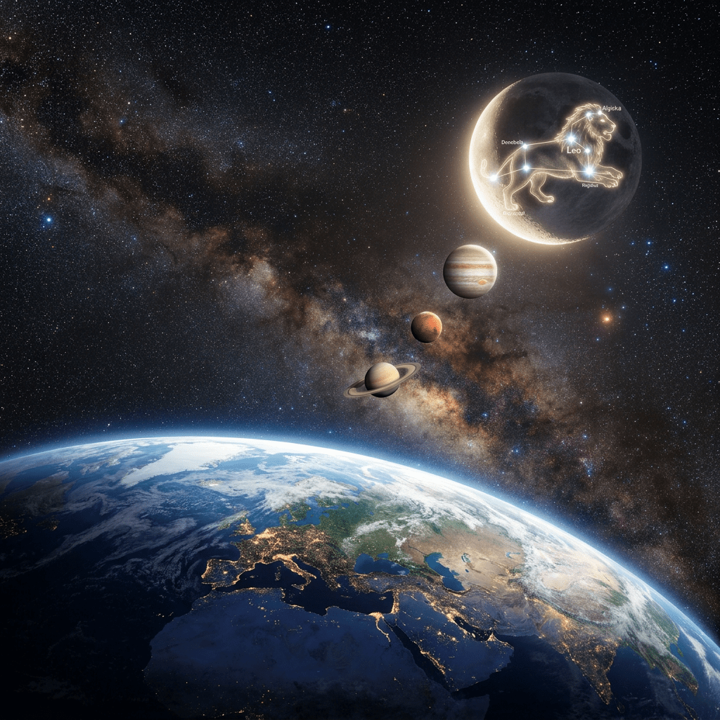 Earth with visible continents and city lights with planets Saturn, Mars, Jupiter, and a moon showing Leo constellation