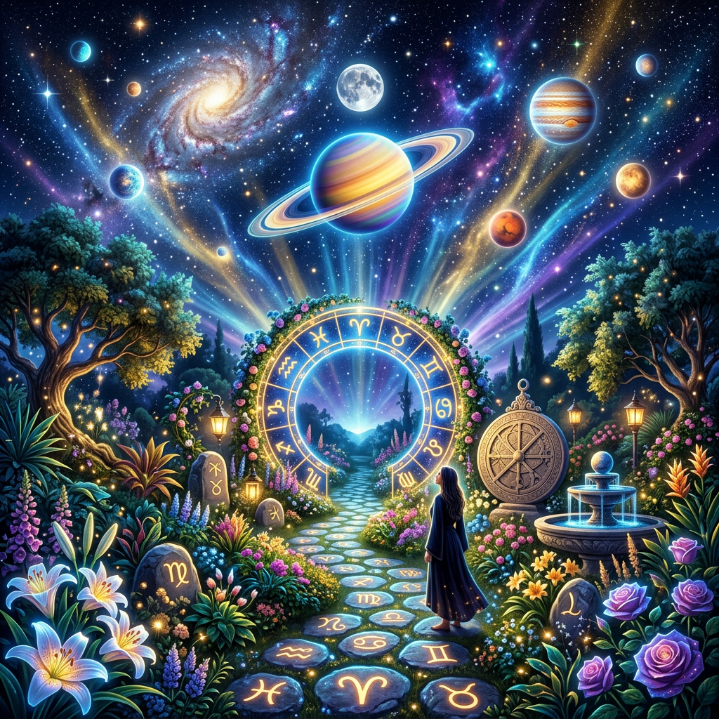 Pathway with zodiac symbols leading to glowing portal under planets and stars