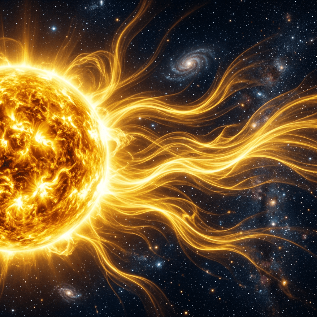 Radiant sun emitting golden energy waves in space