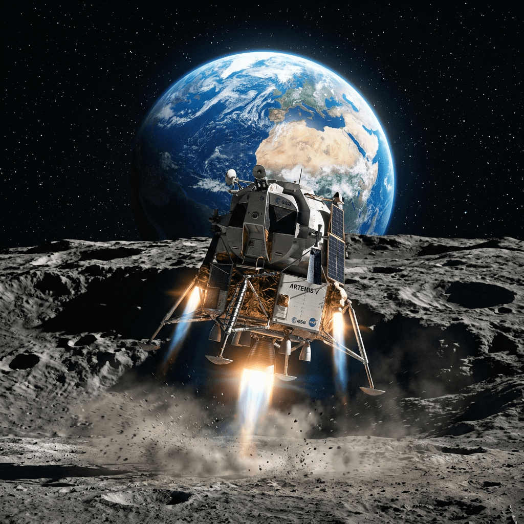 Artemis V lunar lander lifting off from the moon with Earth visible in the background