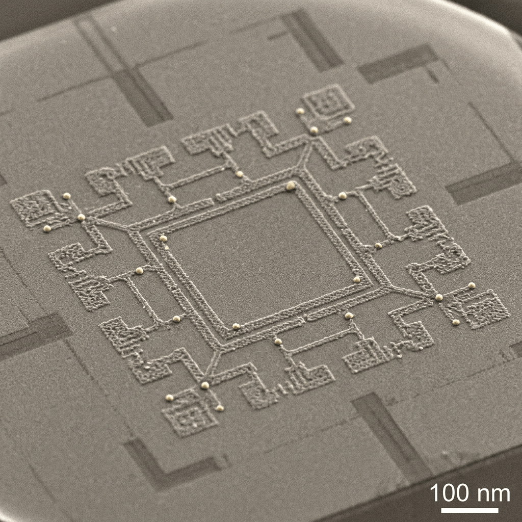 Nanoscale quantum chip circuitry with gold contact dots on grey substrate