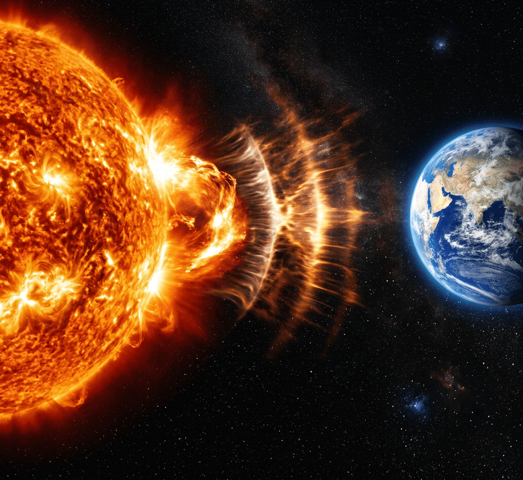 Solar flare erupting from the sun directed at Earth in space