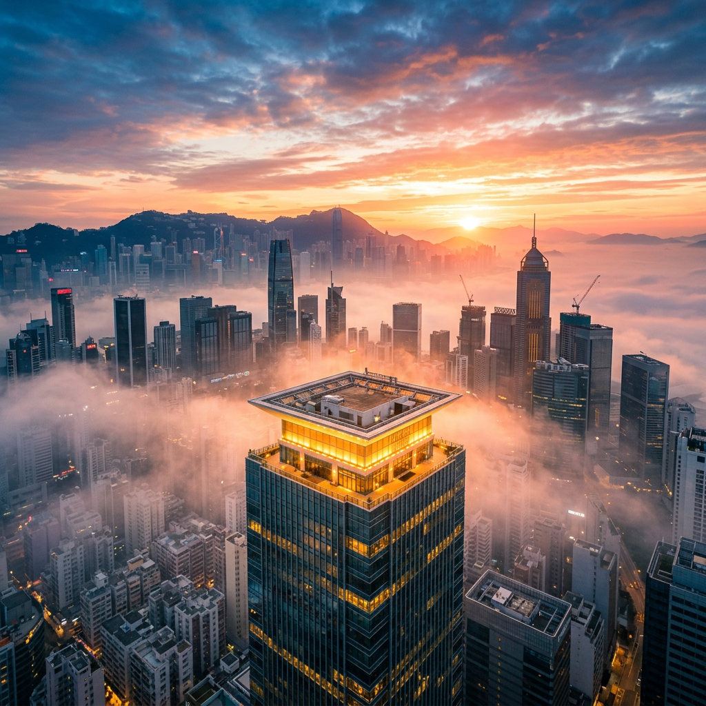 Urban skyline at sunrise with fog surrounding tall buildings