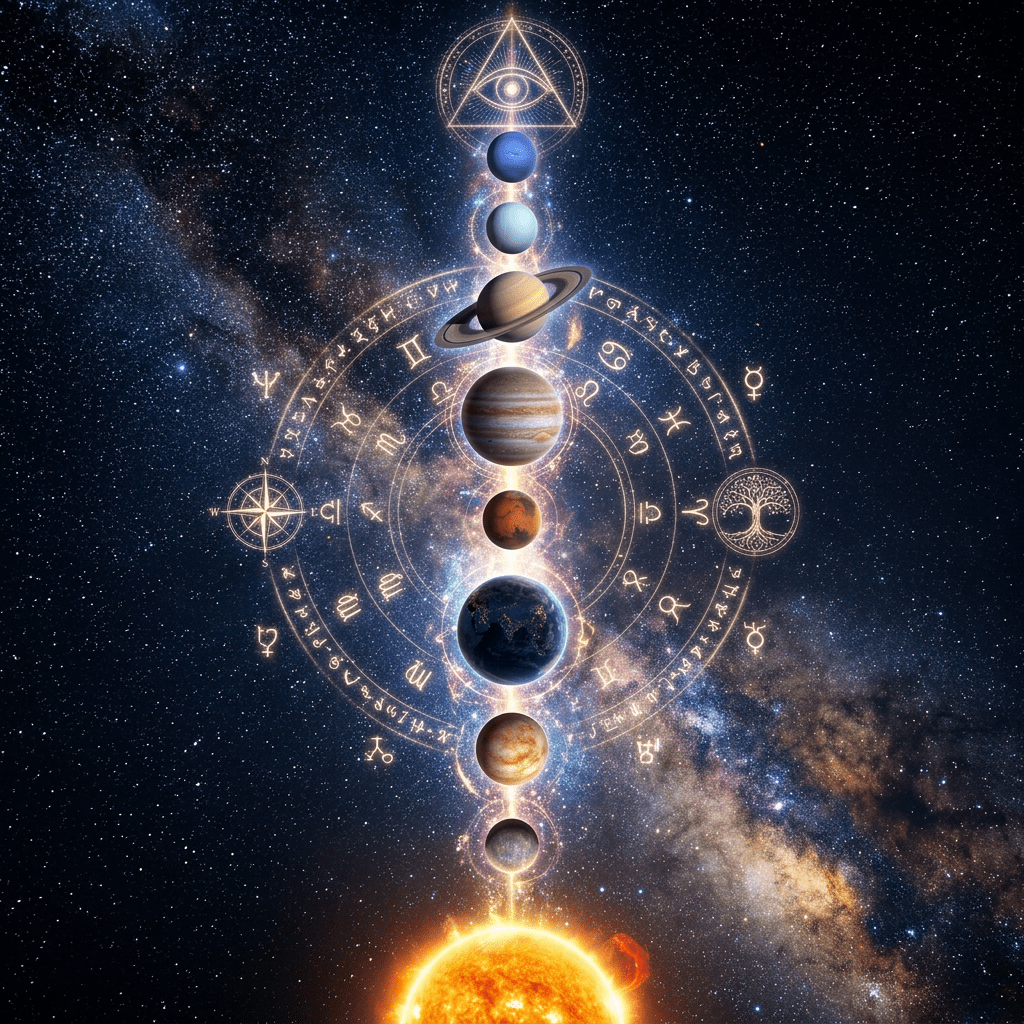 Cosmic solar system alignment with mystical symbols