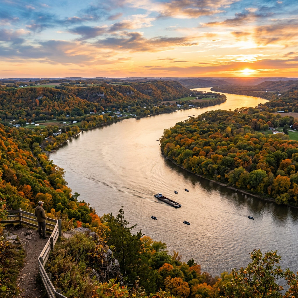 Man standing on cliff overlooking river with fall foliage and sunset