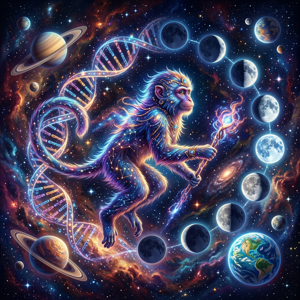 A cosmic monkey holding a glowing staff, surrounded by DNA helix, planets, and moon phases in space