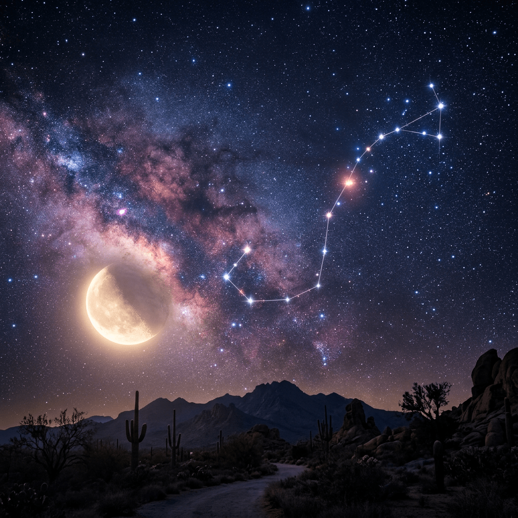 Scorpio constellation and crescent moon over a desert with cacti at night