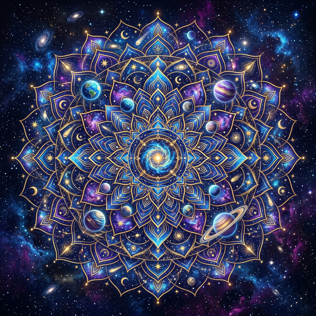 Mandala design featuring planets, stars, galaxies, and cosmic elements in space