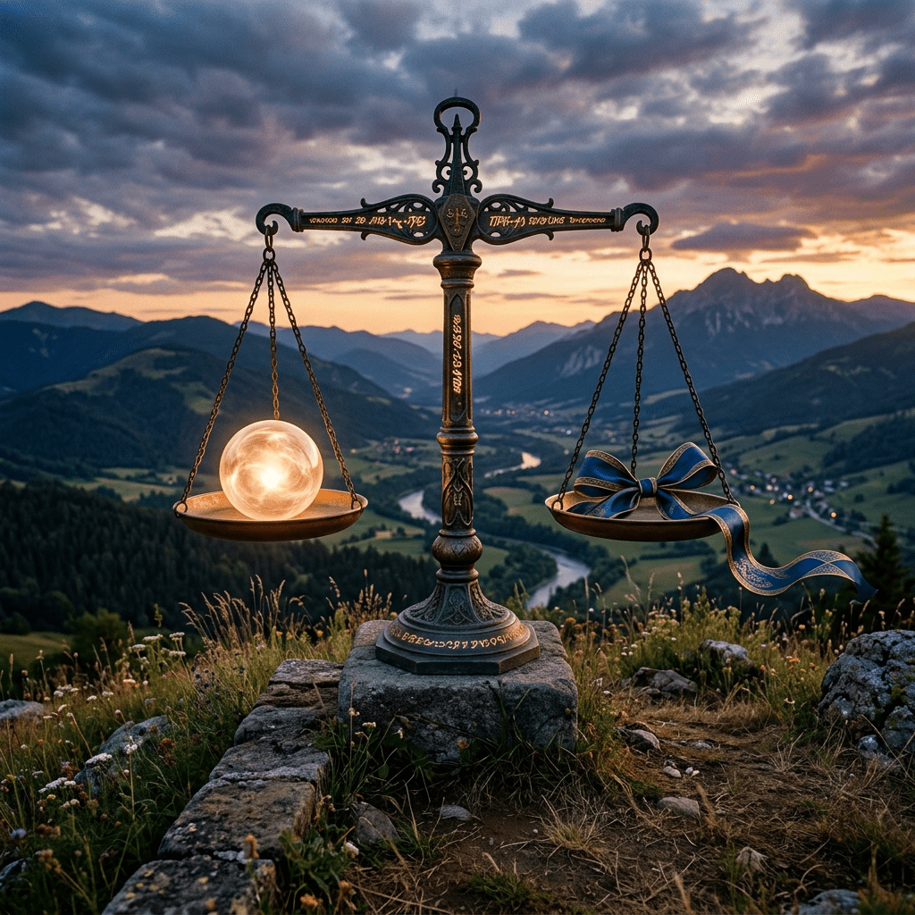 An ornate balance scale holds a glowing orb on one side and a blue ribbon on the other, set outdoors with mountains and a river at sunset.