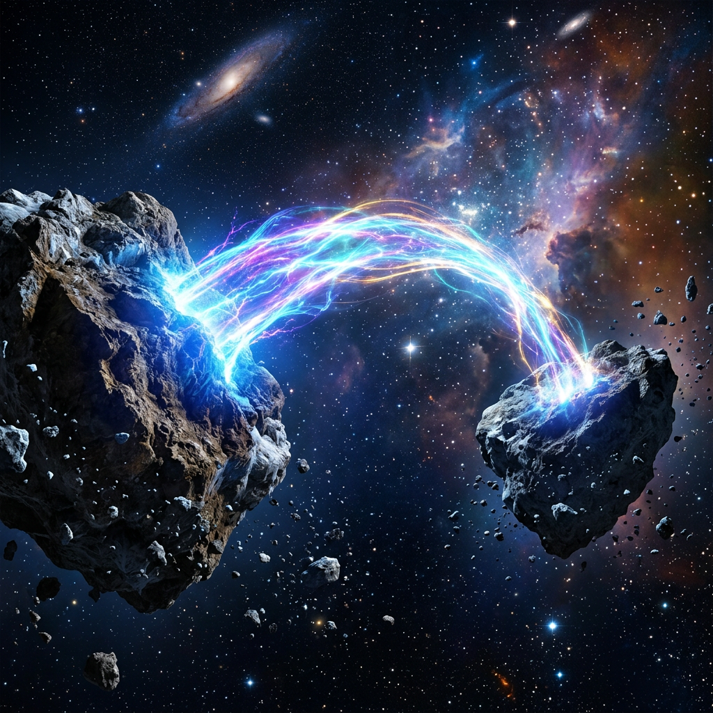 Two asteroids connected by a glowing multicolored energy beam in space