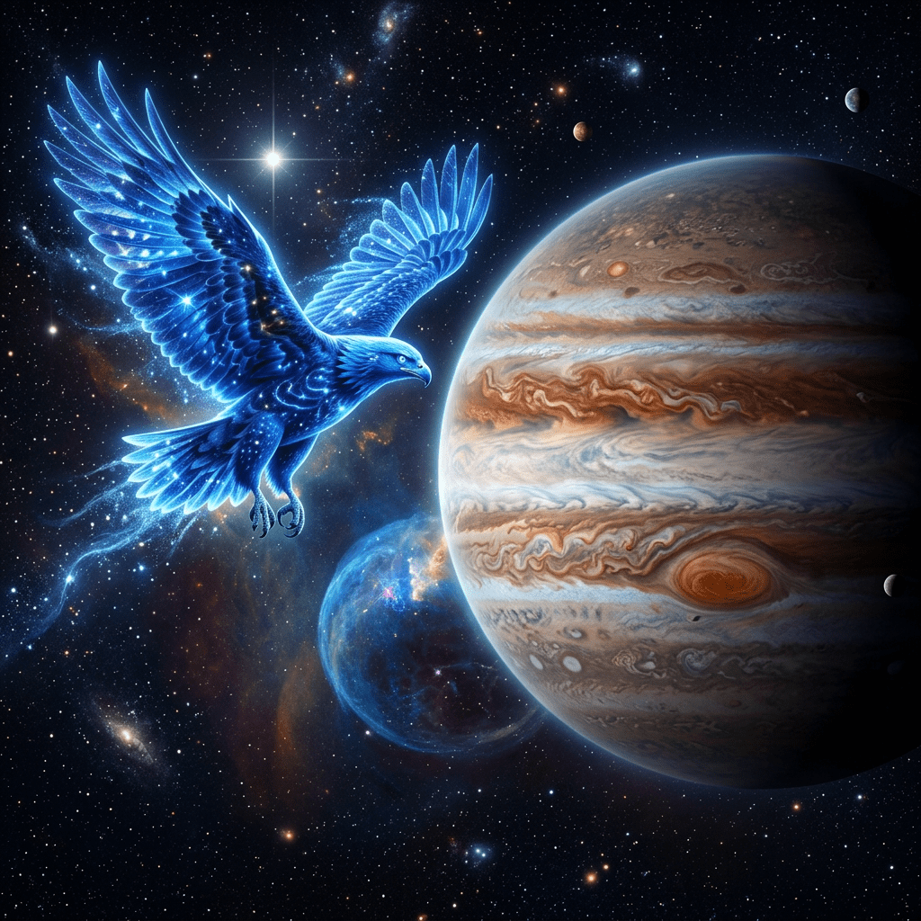 A luminous blue eagle flying in outer space near Jupiter and its moons