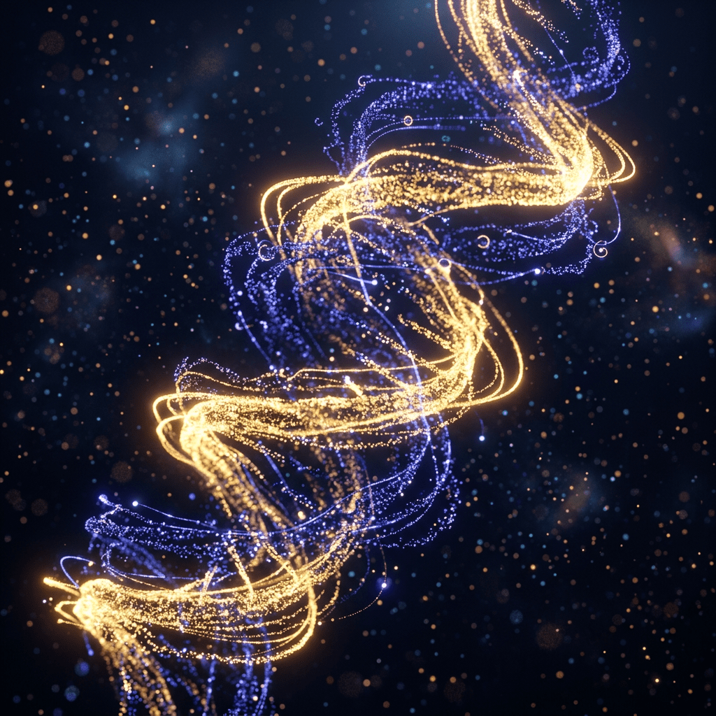 Swirling strands of blue and gold particles against a dark cosmic background