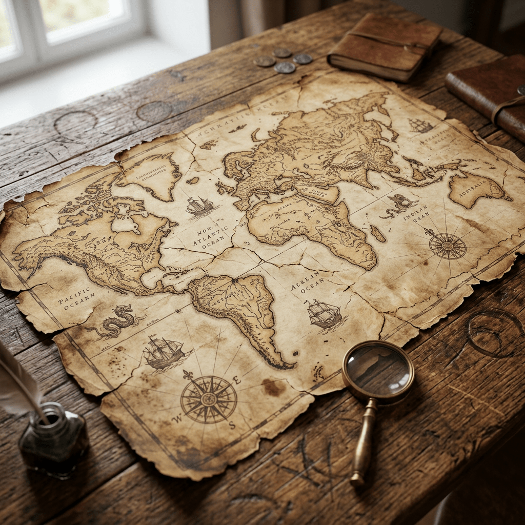 Antique-style world map with compass roses, sailing ships, and sea monsters on a wooden desk