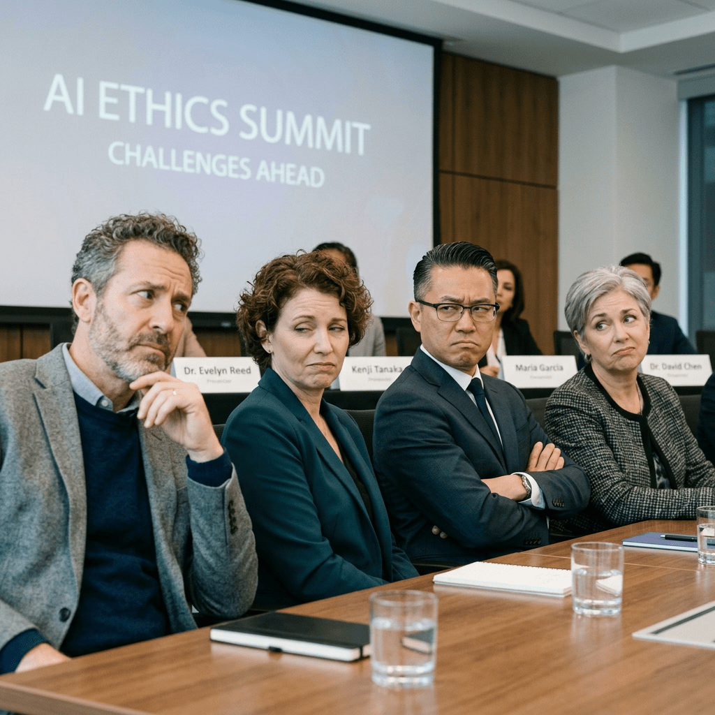 Four panelists at AI Ethics Summit showing skeptical and concerned facial expressions during discussion
