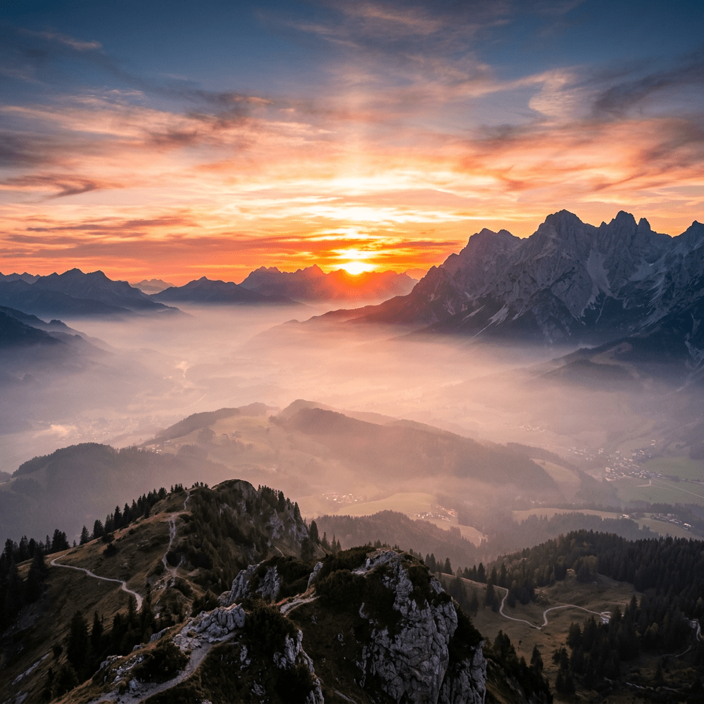 Sun setting behind mountain peaks with mist filling a valley and forested hills in the foreground