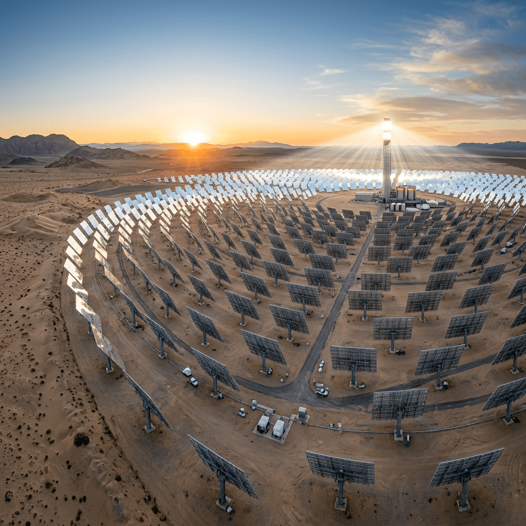 Solar power tower with heliostats concentrating sunlight in a desert landscape at sunrise