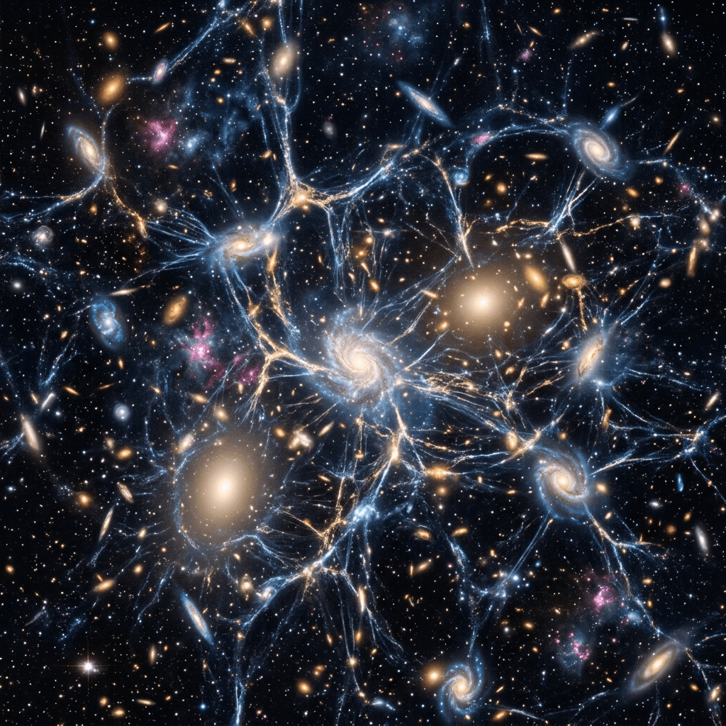 Galaxies connected by blue and yellow filaments forming the cosmic web in space