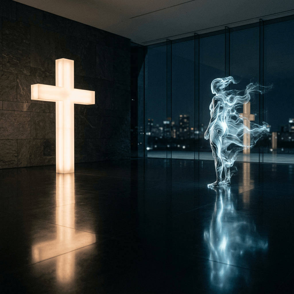 Glowing ethereal figure facing a large illuminated cross in a dark modern space