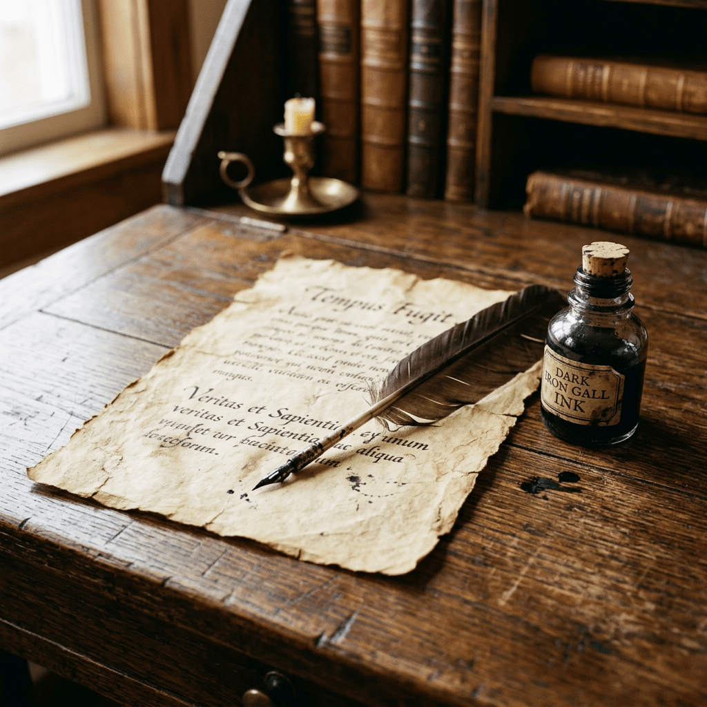 Old parchment with Latin text, feather quill pen, and ink bottle on wooden desk