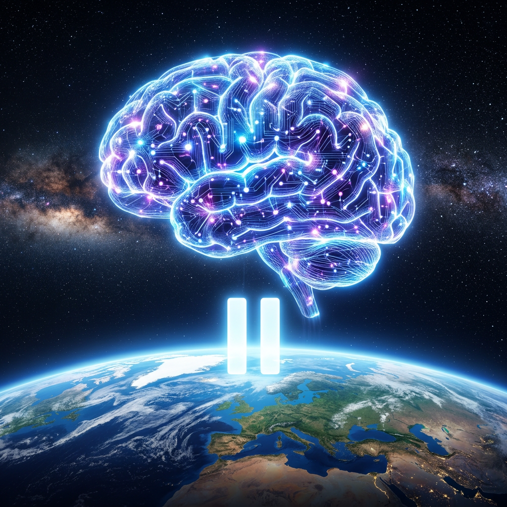Glowing digital brain hologram with neural connections above Earth and space background