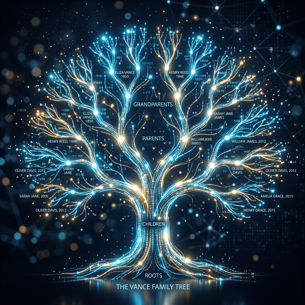Illuminated digital family tree showing Vance family genealogy with names and birth years