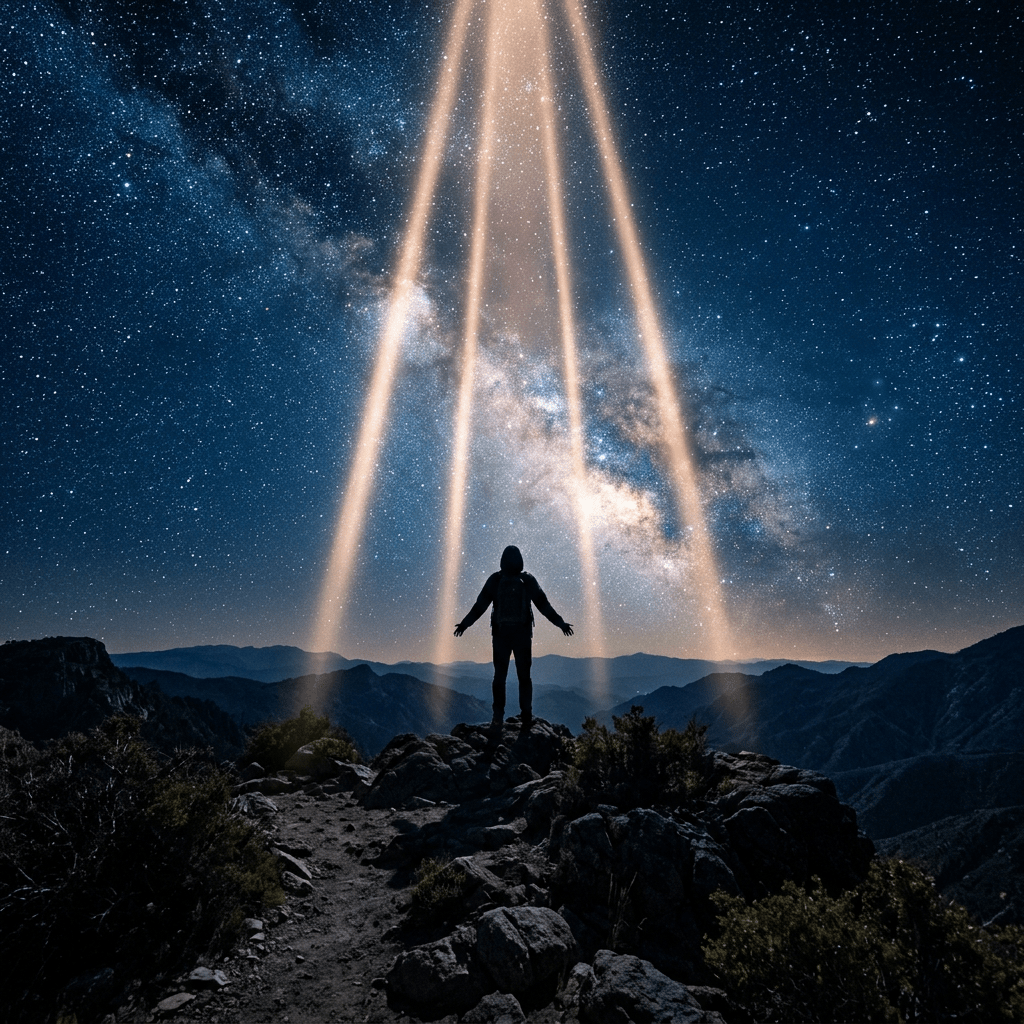 Silhouette of a person standing on a rocky mountain with beams of light shining down and star-filled sky
