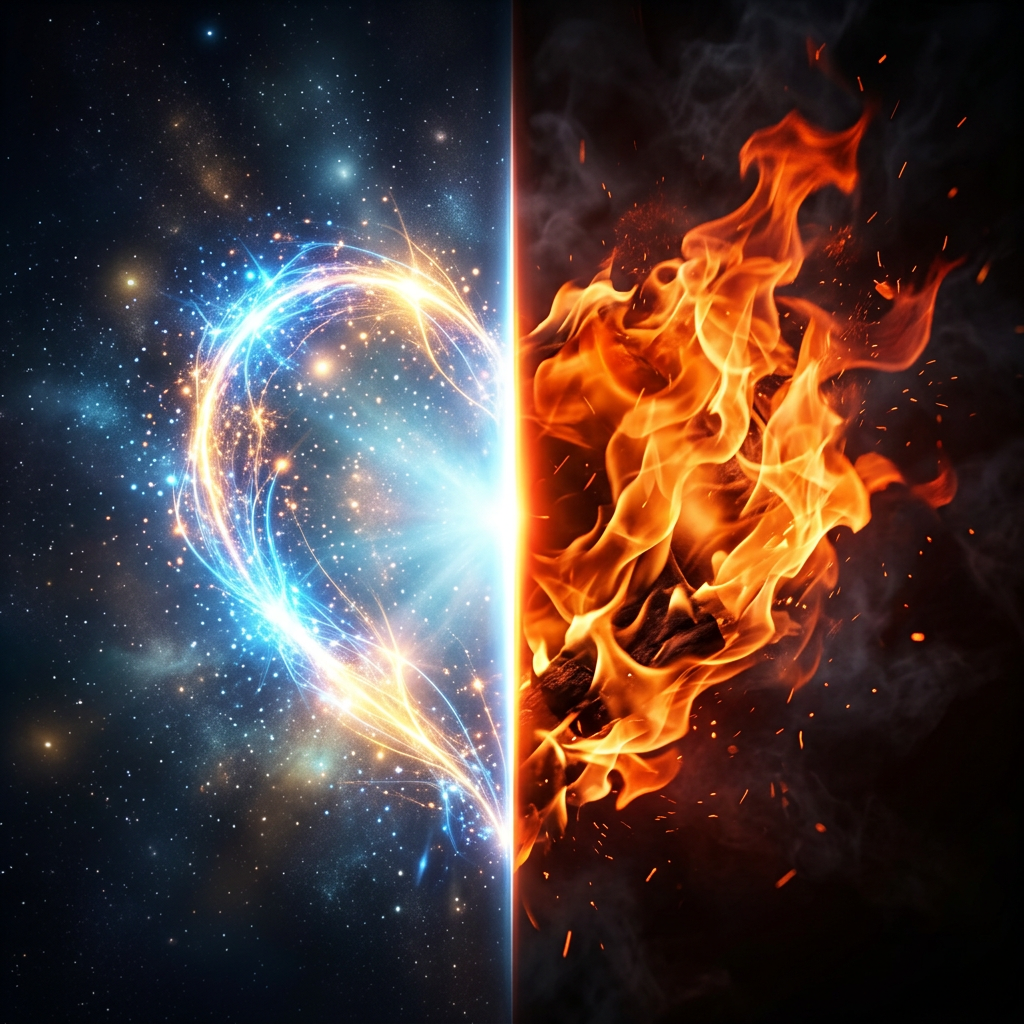 Heart shape split in half with blue cosmic light on left and orange fire flames on right