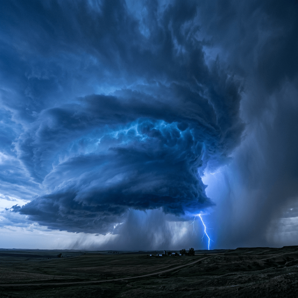 Supercell thunderstorm with swirling dark clouds and lightning over rural landscape