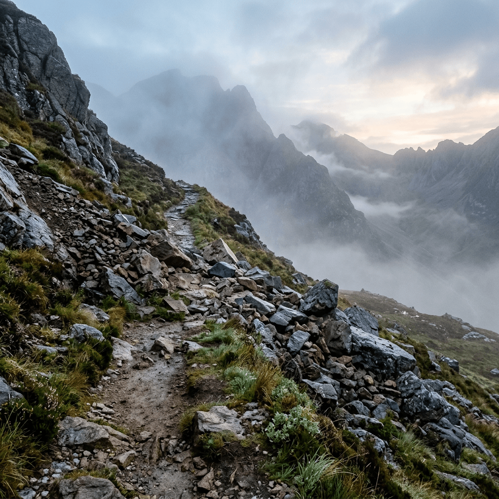 Rocky mountain trail winding through fog with peaks in background