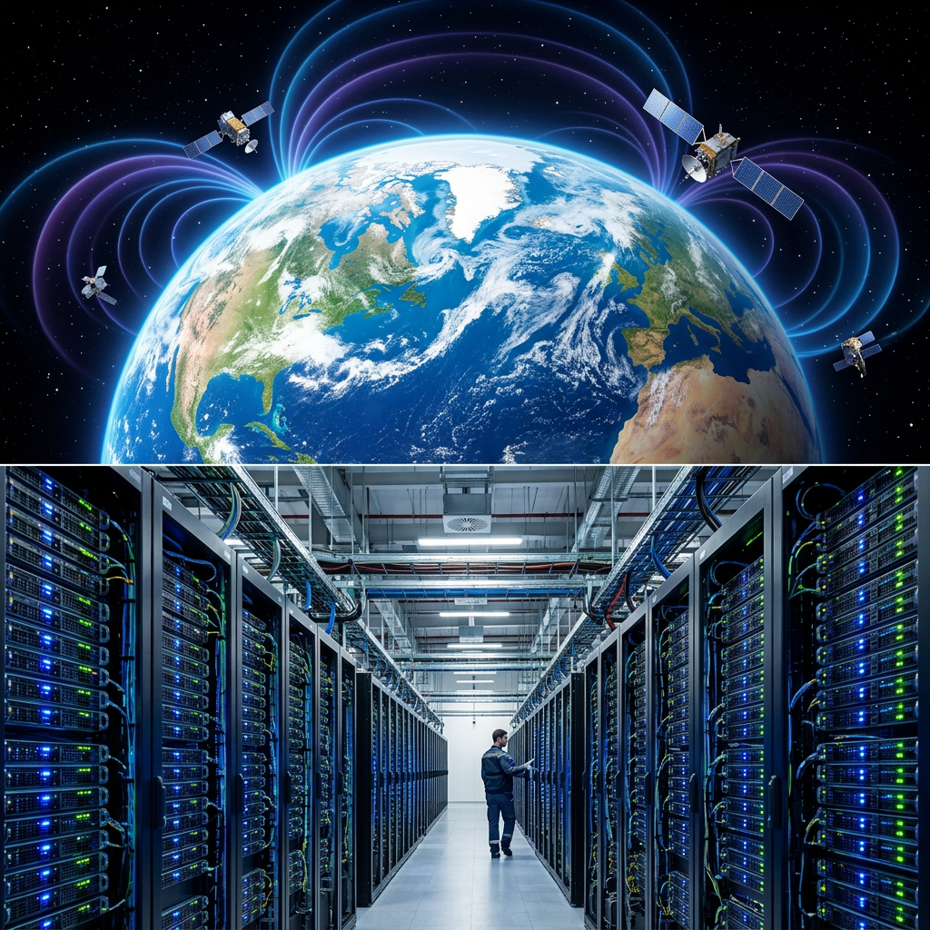 Satellites orbiting Earth with signal waves and a technician checking servers in a data center