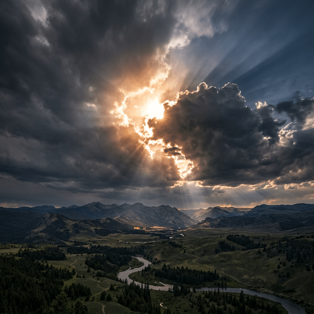 Sun rays piercing dark clouds over mountain valley with a winding river.