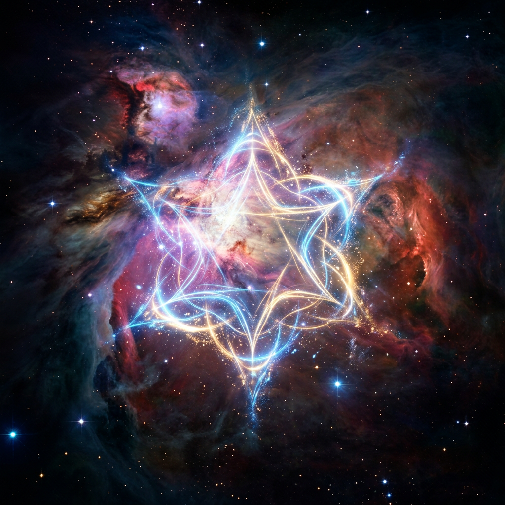 Bright interwoven neon star shape glowing in colorful cosmic nebula with stars
