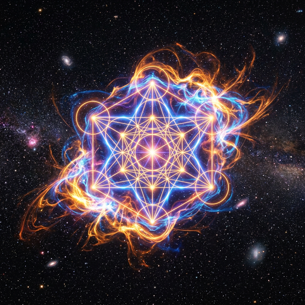 Glowing complex geometric shape with blue and orange energy swirls in a starry space background