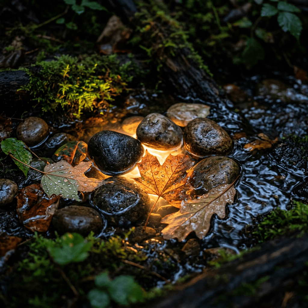 Wet autumn leaves glowing under creek water surrounded by smooth stones and moss