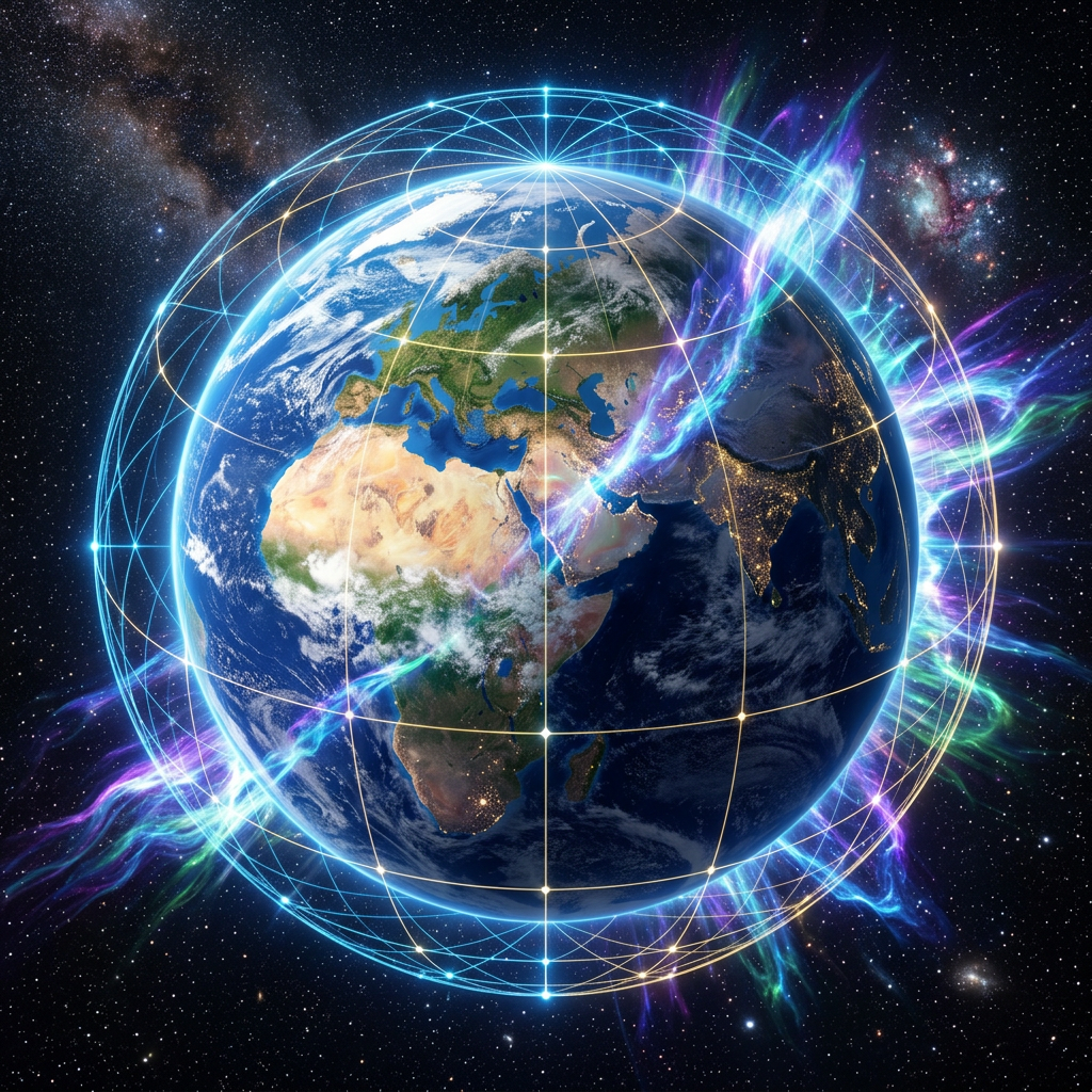 Earth with illuminated grid lines and colorful energy streams in outer space