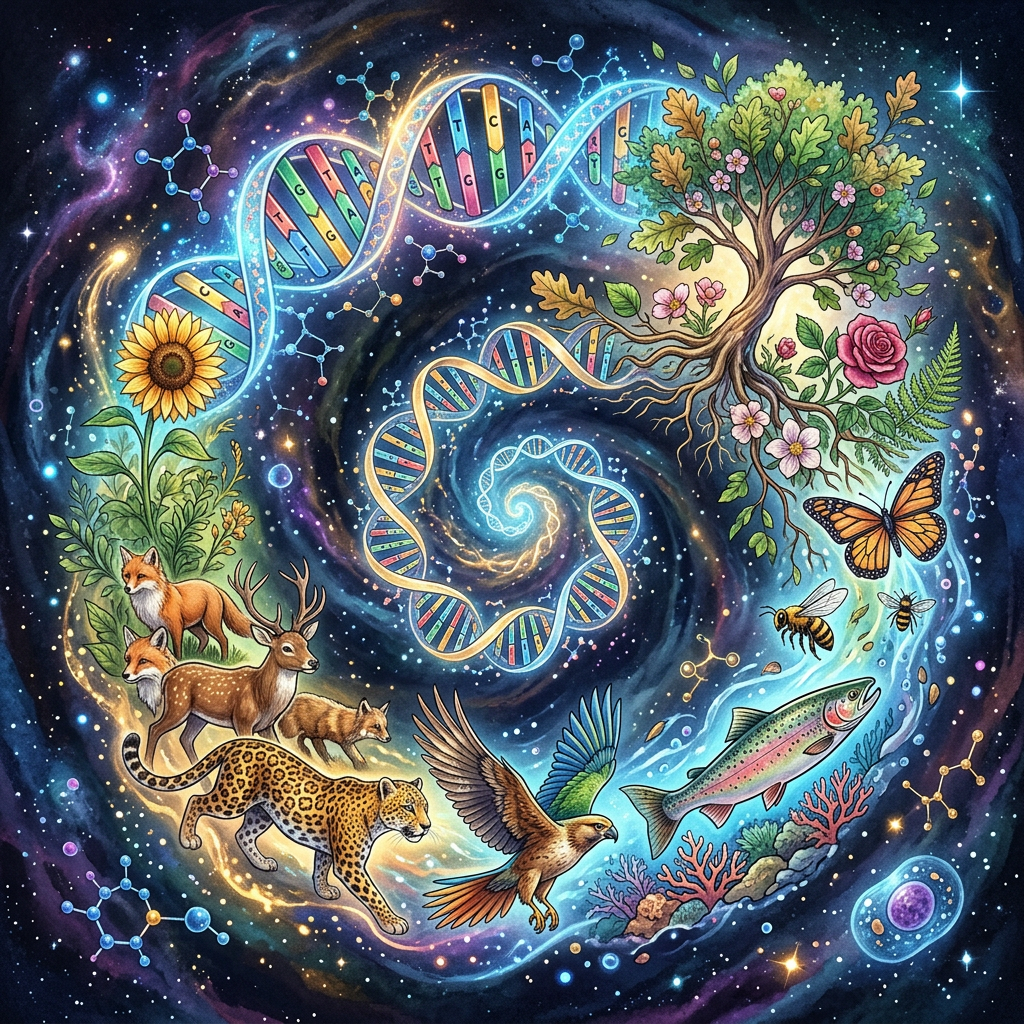 Spiral of DNA strands surrounded by plants, animals, and molecular structures representing evolution.