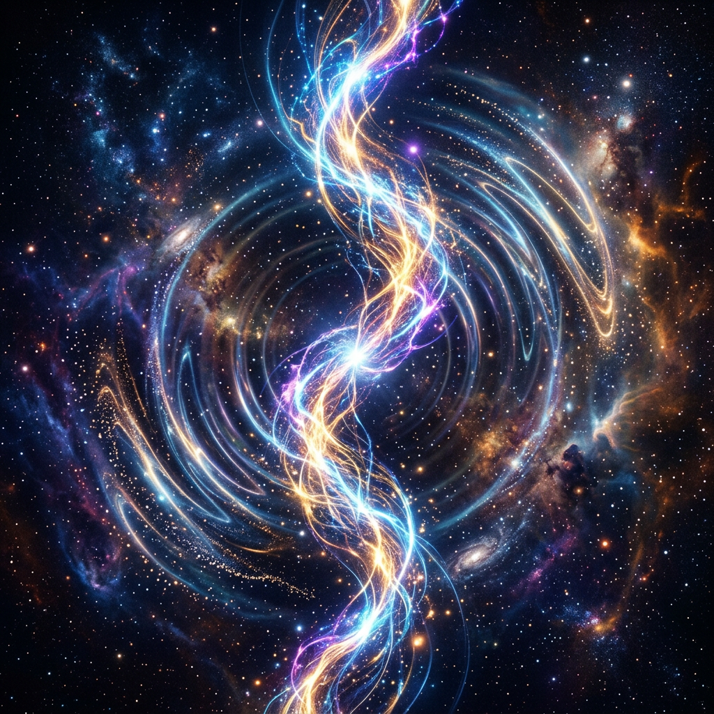 Bright swirling streams of blue and orange cosmic energy in space
