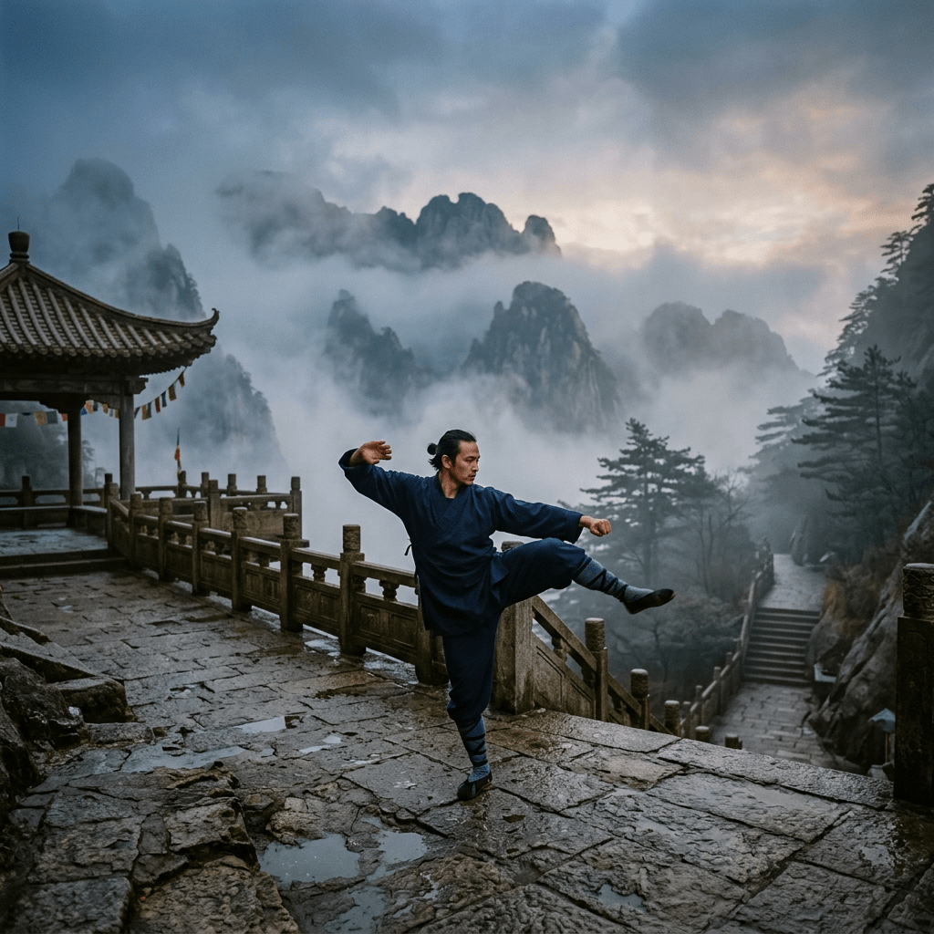 Person practicing martial arts on stone terrace with misty mountains and traditional pavilion background