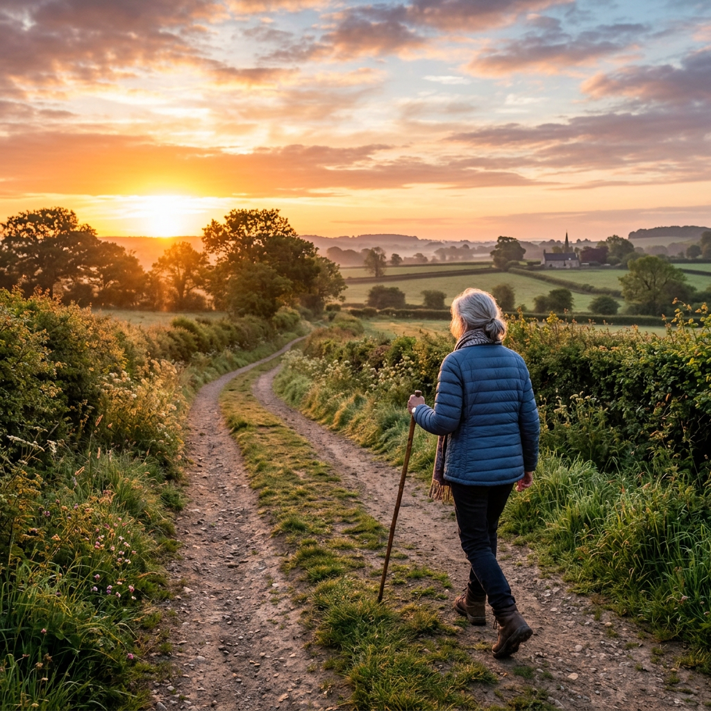 Person walking with a stick on a rural dirt path during sunrise.