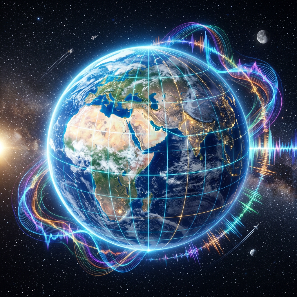 Earth with digital sound waves surrounding it in space